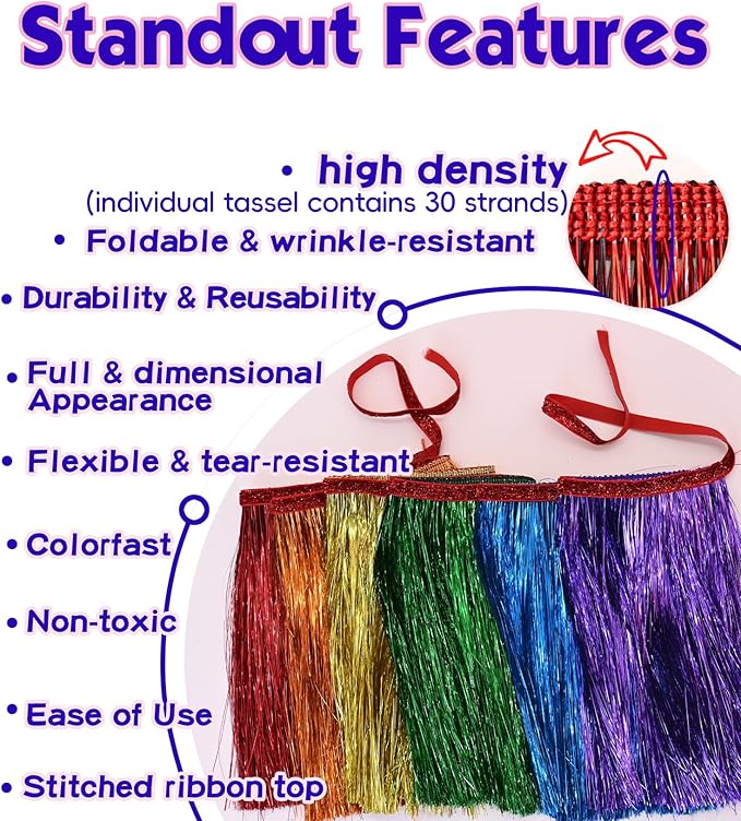 2 Pack Rainbow Foil Fringe Banner – High-Density Metallic Tinsel Tassel Garland in 6 Colors | Reusable Party Backdrop Decoration for Birthday Wedding Graduation Holiday Disco DIY Decor