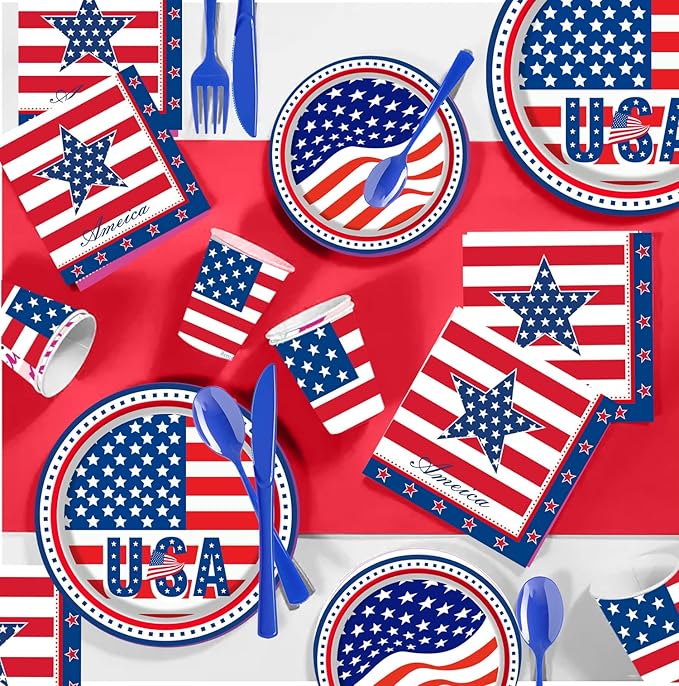 4th of July Party Supplies Tableware Set, 177 PCS Patriotic American Flag Paper Plate Disposable Set with tablecloths- Red Blue White USA Plates Napkins Cups, Forks Spoons for Picnic Barbecue