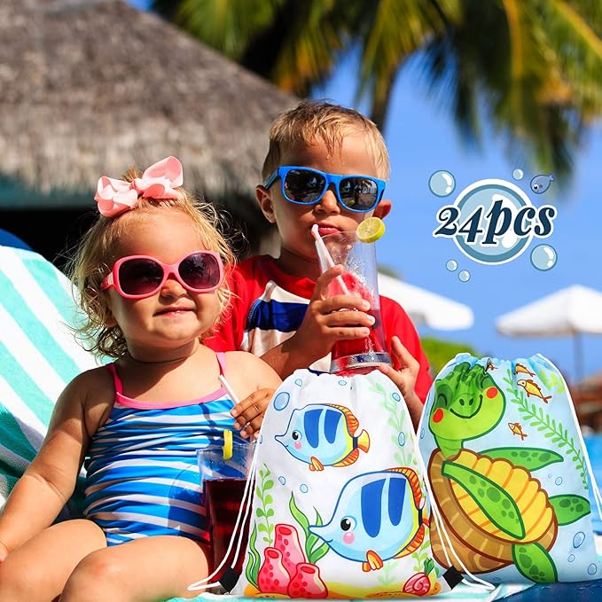 Marsui 24 Pcs Marine Animal Party Favor Drawstring Bags Gift Goodie Candy Favors Bags for Birthday Party Supplies