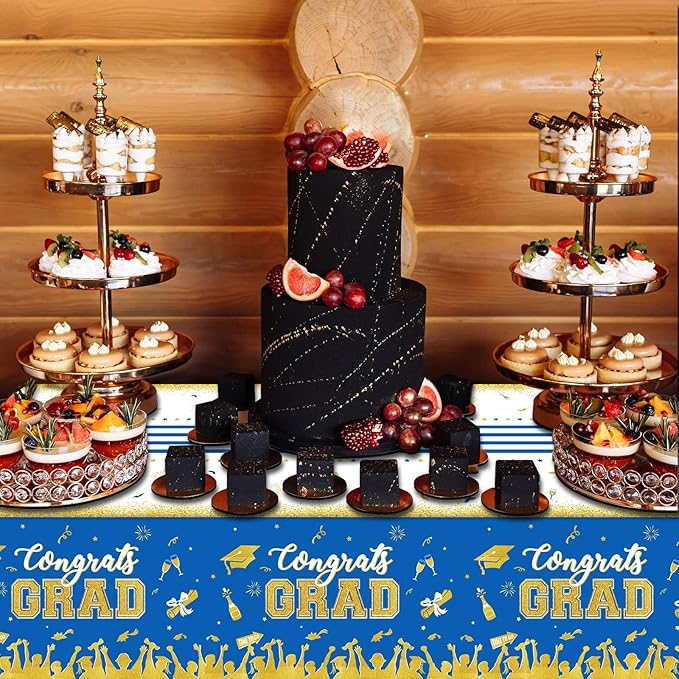chiazllta Set of 3 Graduation Tablecloths Class of 2026 Congrats Grad Blue Graduation Party Tablecover Decorations Party Supplies Large Size Plastic 54"x108"(Blue & Gold)