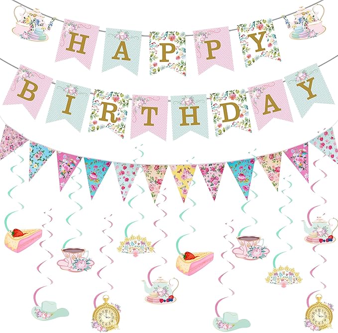 Tea Party Decorations Birthday Banner - Floral Decor Happy Birthday Banners Bunting Teapot Hanging Swirl, Flower Wonderland Theme Decoration for Women Girls Baby Shower Party Supplies