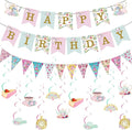 Tea Party Decorations Birthday Banner - Floral Decor Happy Birthday Banners Bunting Teapot Hanging Swirl, Flower Wonderland Theme Decoration for Women Girls Baby Shower Party Supplies