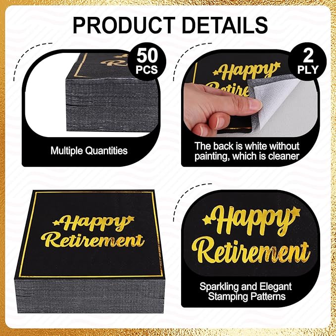 Vuzvuv 50 Pack Happy Retirement Cocktail Napkins - Disposable Paper Hand Napkins for Retirement Parties Farewell Gatherings Office Send-Off Party Decorations Table Decor (5" Folded 2 Ply - Black)