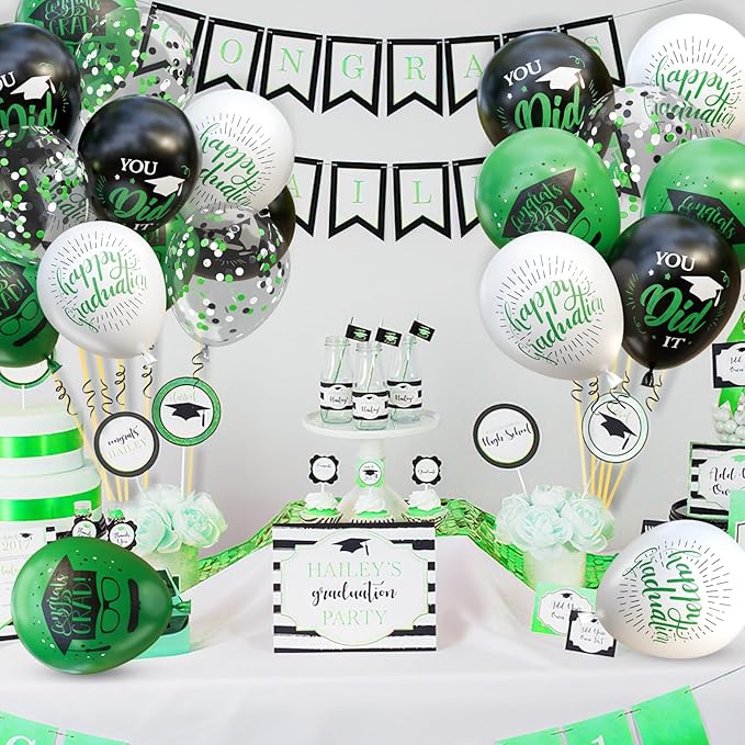 OuMuaMua 75 Pack Graduation Party Decorations Balloons Set - 12 Inch Black Green White Confetti Graduation Balloons with 2 Ribbons for Class of 2026 Congrats Grad Birthday Party Decor Supplies