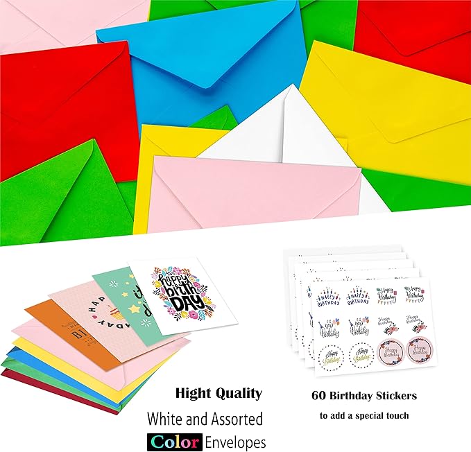 60 Unique Birthday Cards - Assorted Happy Birthday Cards, 5 x 7 inches, With Messages, Envelopes & Stickers in Bulk Boxed Set