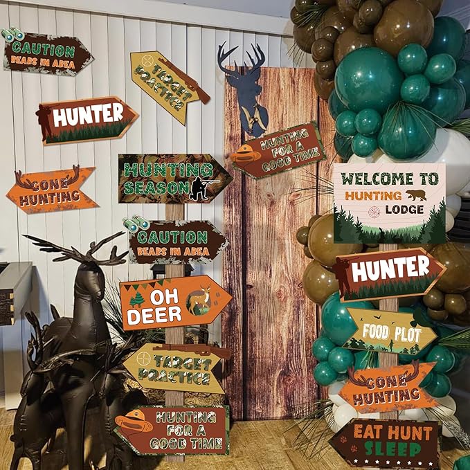 Hooqict 20 Pieces Hunting Party Decorations Hunting Themed Party Directional Signs for Camo Deer Birthday Party Decorations Welcome to Camouflage Party Supplies for Boys Men