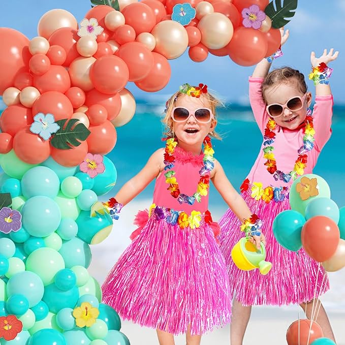 137pcs Moana Birthday Party Supplies, Aqua Blue Coral Pearl Champagne Gold Latex Balloons with Summer Hibiscus Stickers for Tropical Hawaii Luau Tiki Magic Theme Party Supplies