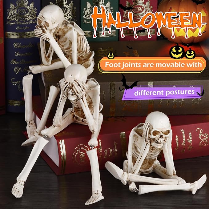 Skeletons for Halloween, 3 PCS See Hear Speak No Evil Statues, Realistic Skeleton Figurines, Halloween Mantel Decor, Skeleton Decorations Indoor Outdoor