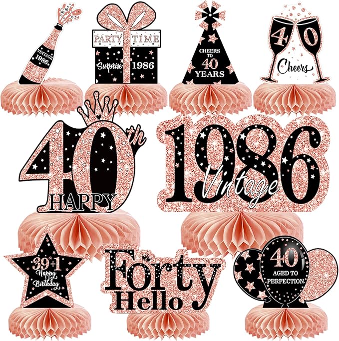 9Pcs 40th Birthday Decorations Honeycomb Centerpieces for Women, Rose Gold Pink Happy 40th Birthday Centerpieces Tables Toppers Party Decorations Supplies, Vintage 1986 Aged Table Sign Decor