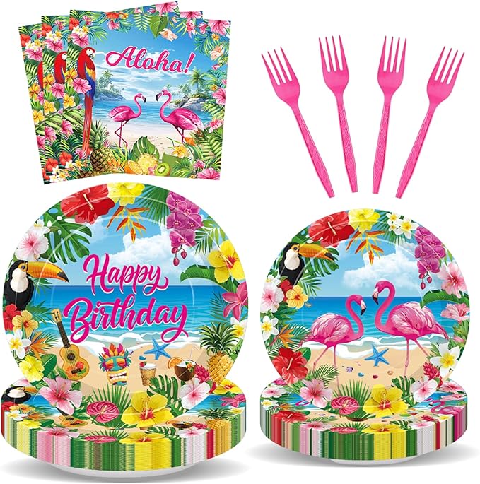 100 Pcs Tropical Aloha Flamingo Birthday Party Supplies Set - Serves 25, Hawaiian Luau Disposable Tableware, Includes Paper Plates, Napkins, Forks for Summer Beach Birthday Pool Decorations