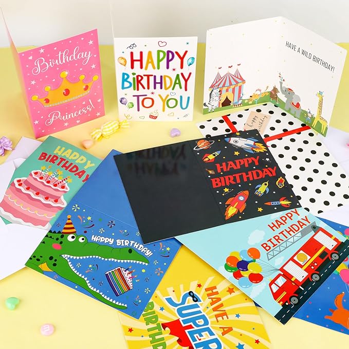 Hooqict Birthday Cards for Kids (4"x6") 10 Assorted Happy Birthday Cards with Envelopes and Greetings Inside (Carnival, Princess, Cake, Animals, Space, Gift Box, Balloons) for Boys Girls 1 2 3 4 5+