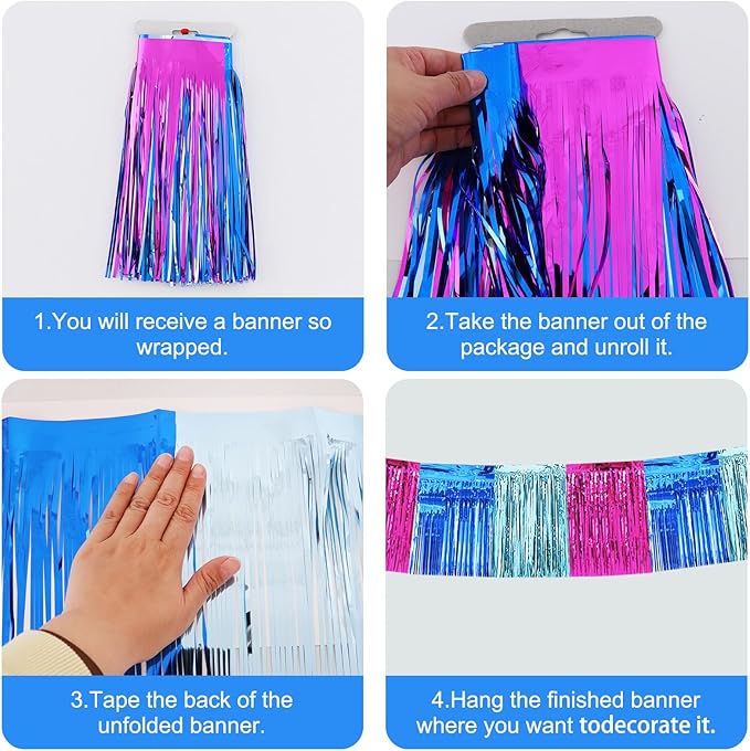 BEISHIDA 3 Packs Metallic Foil Fringe Garland Mix Blue Pink Wall Hanging Tinsel Fringe Banners for Car Floats Birthday Baby Bridal Shower Wedding Graduation Holiday Party Decoration(30 Feet)