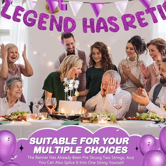 Fulmoon Pre Strung the Legend Has Retired Glitter Banner 9.8 ft Retirement Banner Retirement Party Decorations Garland Bunting for Men Women Gifts, No DIY(Purple)