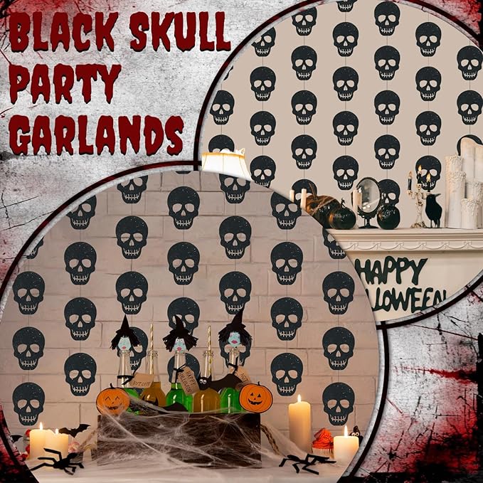 Xinnun Skull Party Decorations Black Skeleton Hanging Banners Garland Gothic Theme Banner Cutouts Ribbon Streamers for Halloween Spooky Funny Funeral Birthday Party Decor Supplies(Skull)
