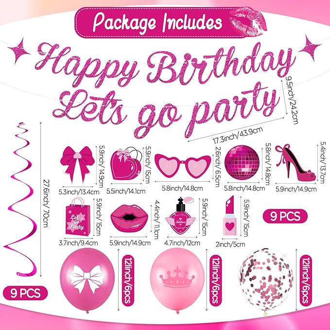 Pink Birthday Party Decorations - Happy Birthday Banner, Let's Go Party Banner, Latex Balloons, Hanging Swirls for Girls, Women, Princess, Baby Shower, Bachelorette