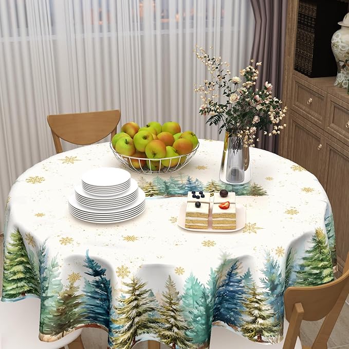 Winter Round Tablecloth 60 Inch Christmas Tree and Snowflake Pattern White Green Table Cloth Circle Xmas Holiday Table Cover Washable Polyester Decor for Home Kitchen Dinning Party