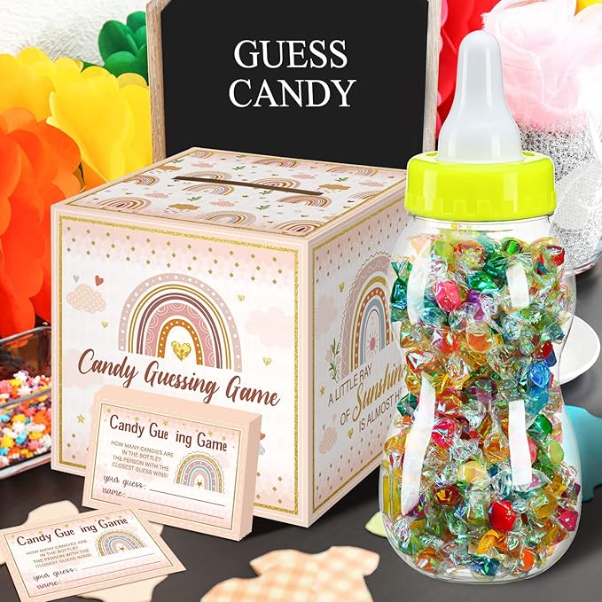 Glenmal 52 Pcs Baby Shower Games Gift Sets Large Baby Bottle for Shower Game Guess How Many Candies Decorations for Gender Reveal(Boho)
