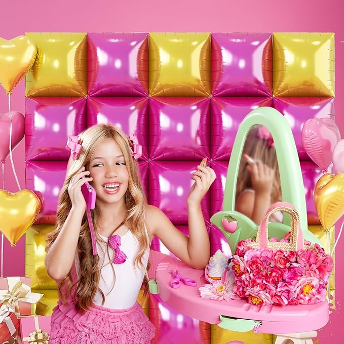 Hot Pink Gold Square Foil Balloons, 25PCS Double Sided Metallic Gold Chrome Pink Square Balloons Backdrop Wall Tunnel Arch Kit Background for Girls Women Birtdays Wedding Baby Shower Valentine