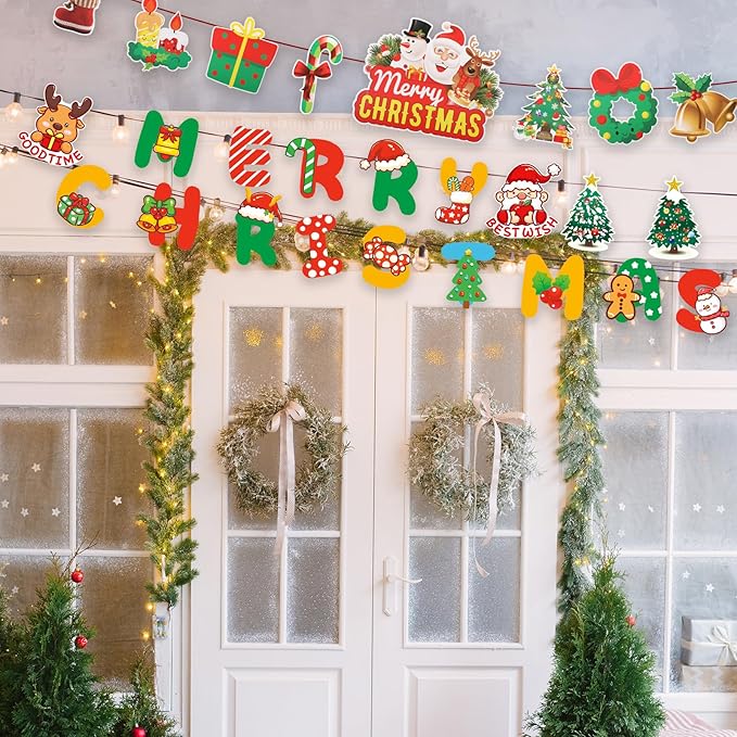 Merry Christmas Banner 3 Set, Hanging Christmas Garland Decorations with Colorful Xmas Tree Banner, Needles and Ribbons for Xmas Party Home Office Decorations Celebration Supplies