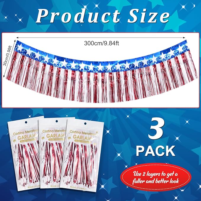 3Pack 30ft 4th of July Decorations Banner USA Stars Foil Fringe Garland Tinsel Streamers Red White and Blue Flag for Independent Memorial Veterans Day Patriotic Party USA 250 Anniversary Decorations