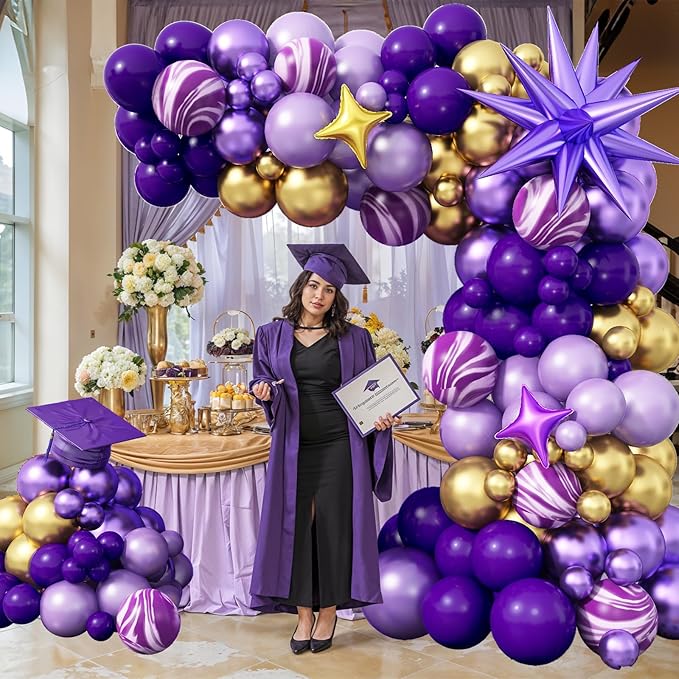 Purple and Gold Balloon Arch Kit Graduation Decorations 2026, 110Pcs Purple Balloon Garland with Explosion Foil Star Metallic Dark Violet Lavender Lilac Birthday Party Balloons for College School Prom