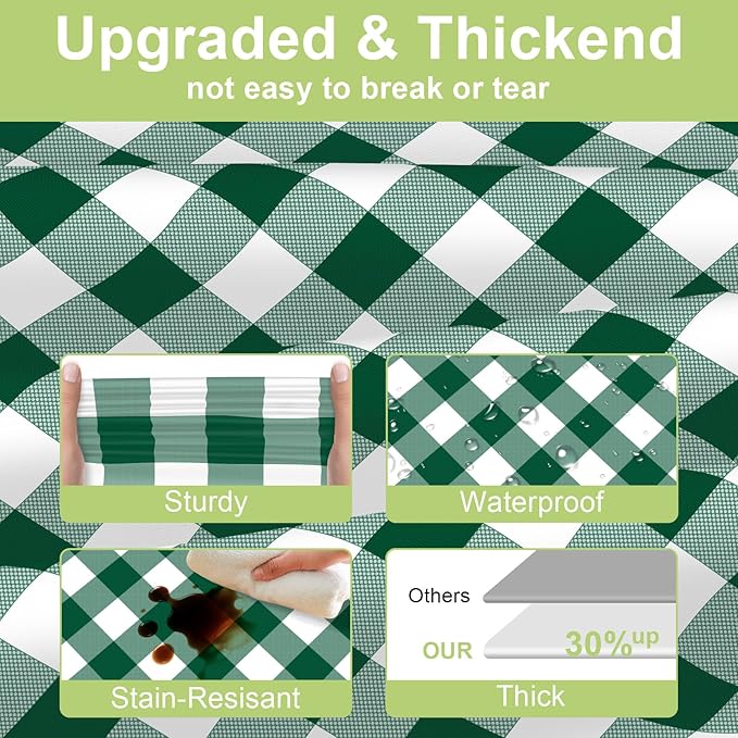 QIKSION Green Gingham Tablecloth Disposable 3 Pack, 54 x 108 Inch Green and White Checkered Table Cloth for Camping, Birthday, Masters Golf Party Supplies, Rectangle, Plastic Table Cover