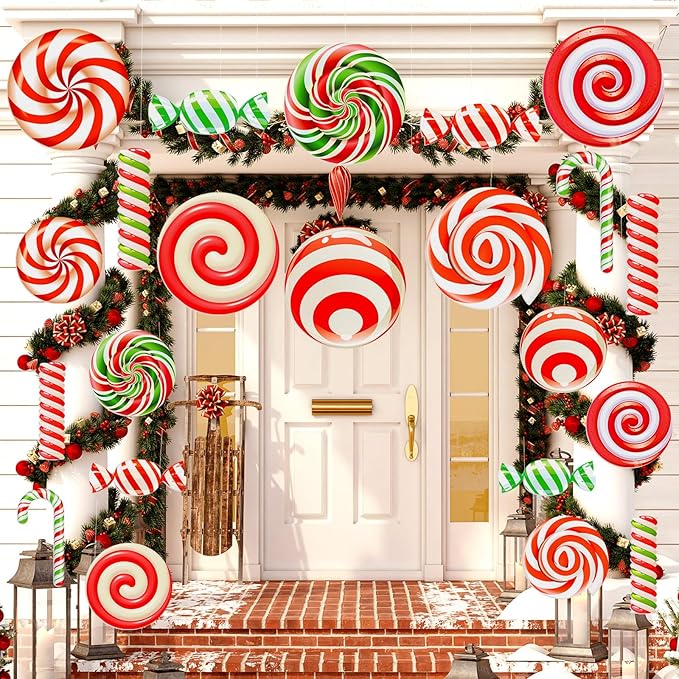 Huwena 24 Pcs Christmas Decorations Outdoor Christmas Hanging Ornaments Peppermint Candy Yard Signs Double Sided Lawn Decorations Peppermint Ornaments for Xmas(Red, Green，white)
