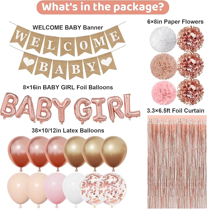 Ouddy Party Rose Gold Baby Shower Decorations for Girl with Welcome Baby Banner Baby Girls Rose Gold Pink Gold White Foil Balloons Fringe Curtains Paper Pom Poms for Baby Shower Reveal Party Supplies