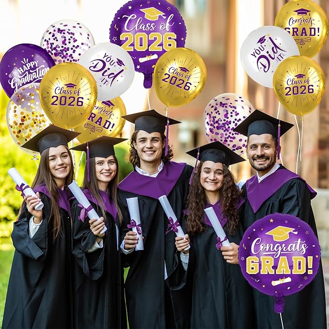 Purple and Gold Graduation Balloons Graduation Decorations 2026, 51Pcs Grad Latex Balloons and Grad Foil Balloon with Confetti Ribbons Grad Party Decorations for College High School