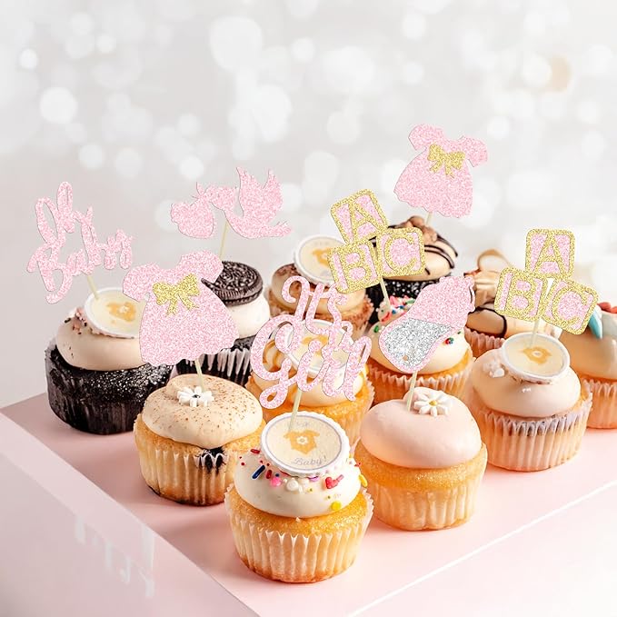 24Pcs Oh Baby Cupcake Toppers It's a Girl Cupcake Toppers with Bow Dress Bottle Swan Light Pink Glitter Babyshower Gender Reveal Cake Picks Decorations for Baby Shower Girl Birthday Party Supplies