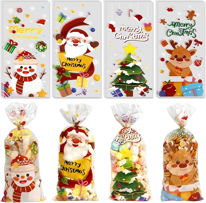 100 PCS Christmas Cellophane Treat Bags(5x11 Inch) with Tie, Plastic Christmas Bags for Candy Goodie Goody Cookie Gift Wrap Xmas Santa Pouches Frozen Winter Holiday Party Favors Supplies Decorations