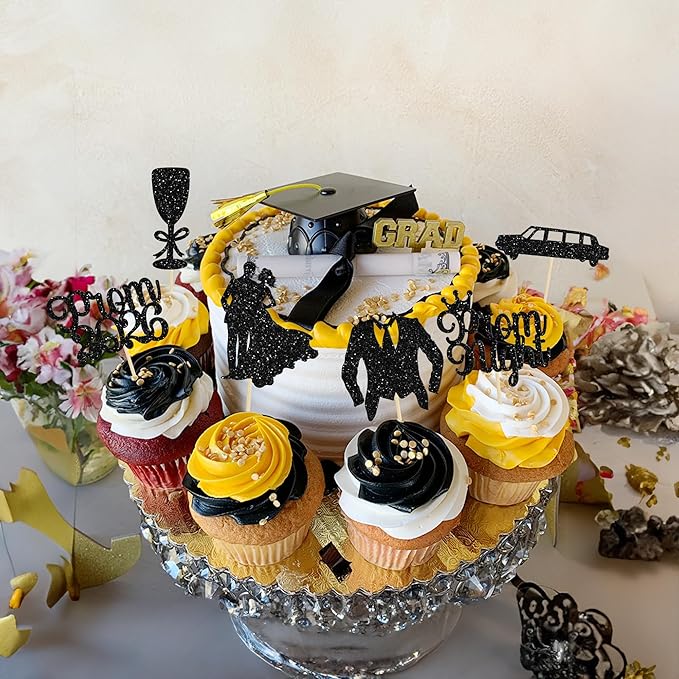 Gyufise 24Pcs Prom Cupcake Topper Prom Decorations for Party 2026 Graduation Cupcake Topper 2026 Graduation Decorations Black