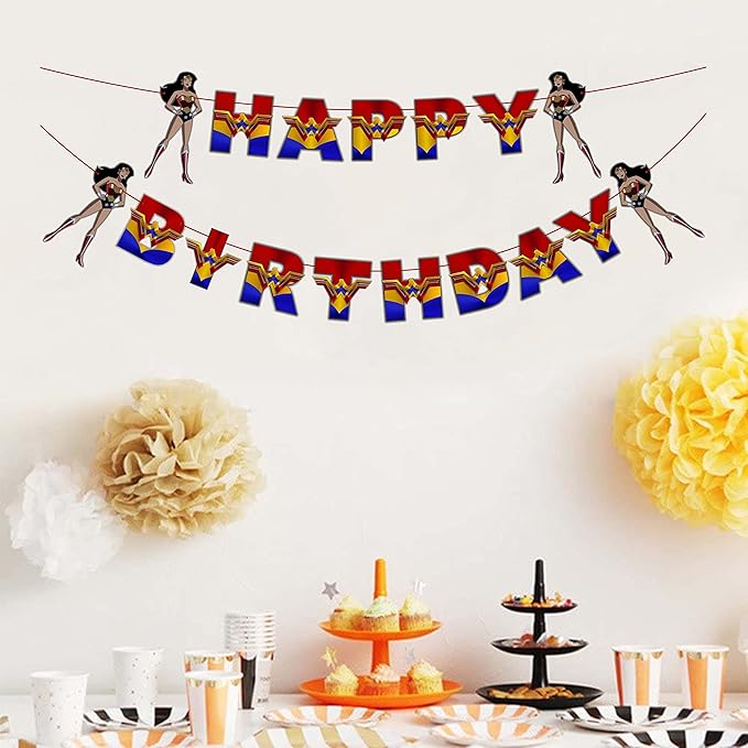 "Wondr Woman Happy Birthday Banner – Superhero Theme Party Decorations for Girls – Colorful Hanging Birthday Banner for Birthday,Comic Fan Celebrations, School Events & Party Supplies"