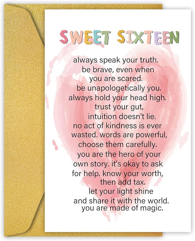 Sweet 16th Birthday Cards , Happy 16th Birthday Card for Girl Boy, Funny 16 Year Old Birthday Card for Daughter Granddaughter Niece, Happy 16th Birthday Gift, Sixteen Years Old Birthday Poem Card (62)