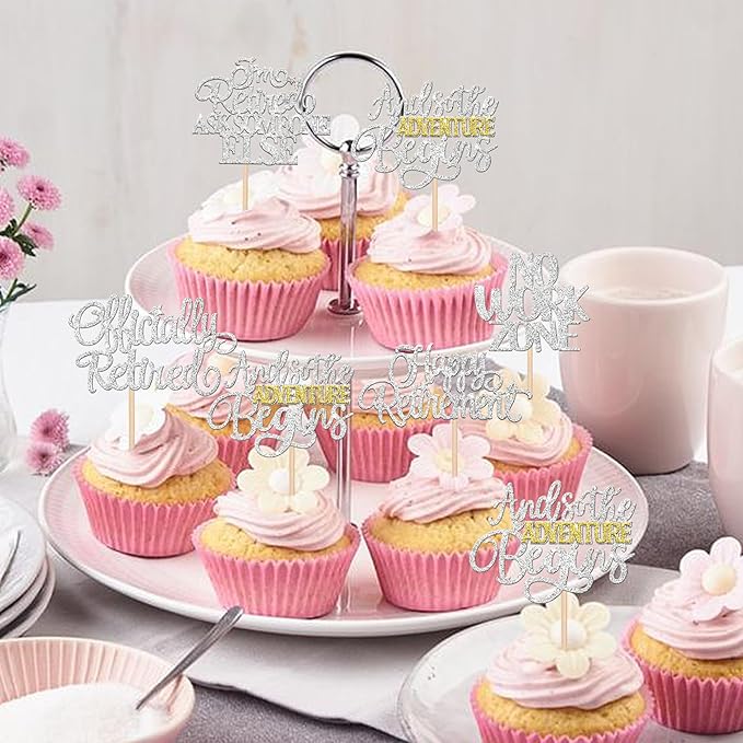 30 PCS Happy Retirement Cupcake Toppers Officially Retired No Work Zone Adventure Begins Cupcake Picks for Retirement Theme Farewell Birthday Party Cake Decorations Supplies Silver