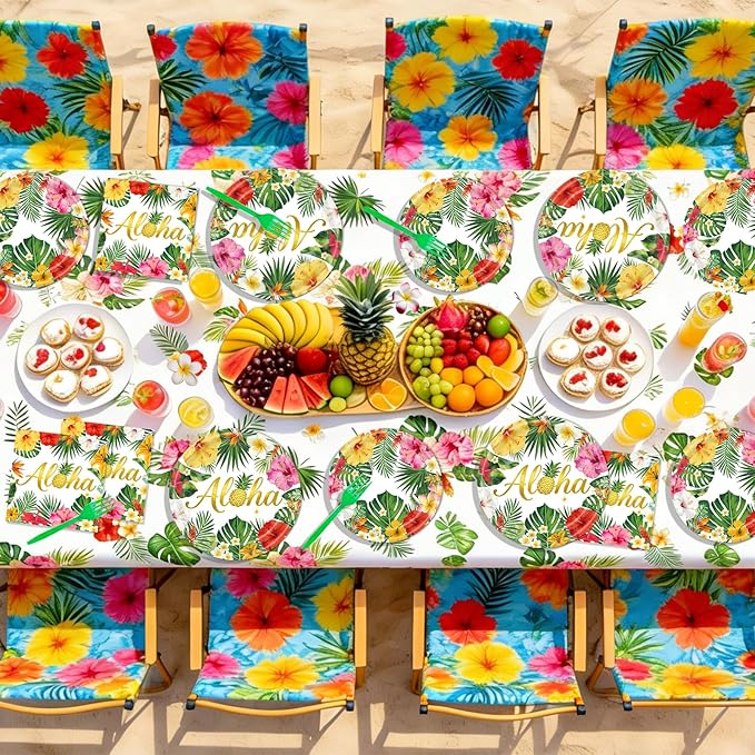 Luau Party Decorations, 99Pcs Hawaiian Aloha Party Plates-Serve 24 With Aloha Banner Tablecloth Napkins Disposable Dinnerware Set for Hawaiian Tropical Summer BBQ Party Decorations
