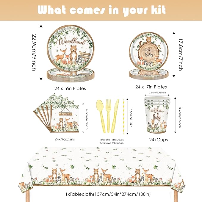 193 Pcs Woodland Baby Shower Party Supplies for 24 Guests - Jungle Animal Theme Decorations with Plates, Cups, Napkins, Cutlery, Straws, and Tablecloth - Disposable Safari Baby Shower Party Set