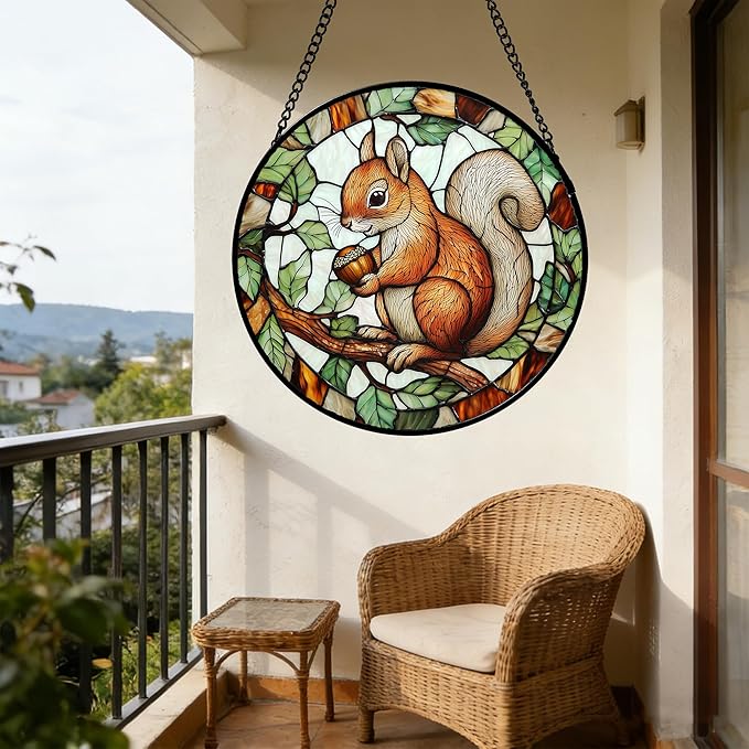 Stained Glass Window Hanging, Squirrel on a Branch Suncatcher Diamond Glass Panel Animal Sun Catchers Decor for Birthday for Women, Men, Wife, Aunt, and Mom 14.9x14.9 in