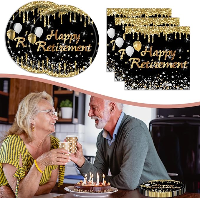 40PCS Retirement Party Plates Napkins Set, Black and Gold Happy Retirement Cake Plates Dinnerware 20 Guests Disposable Party Supplies Decoration for Women Men