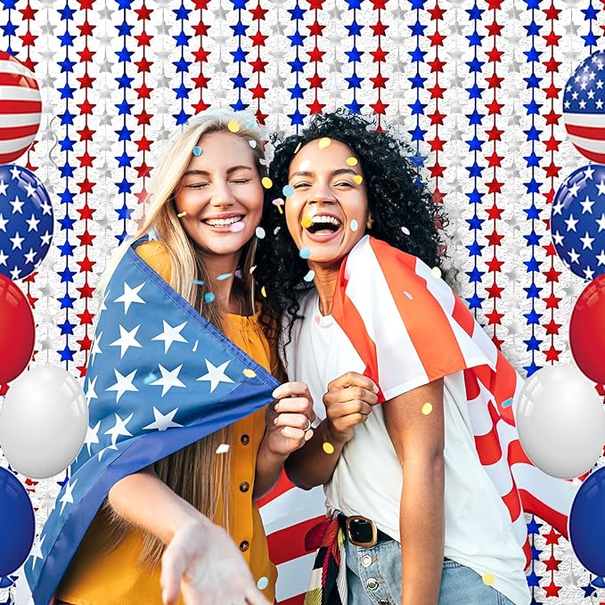 4th of July Decorations 3 Pack Foil Fringe Garland Tinsel Curtains, Red White Blue Hanging Fringe Backdrop Banner, Photo Booth Prop for Patriotic Party Decor (Star 3)