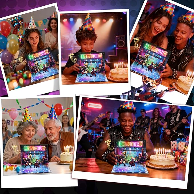 3D Pop Up Birthday Cards, Musical Rock Dog Band Birthday Cards, Happy Birthday Gifts for Mom Women Men Kids Child Dad Father Wife (Black)