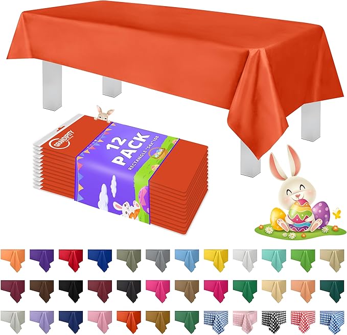 Grandipity 12 Pack Premium Disposable Plastic Tablecloth 54 Inch. x 108 Inch. Decorative Rectangle Table Cover - Orange