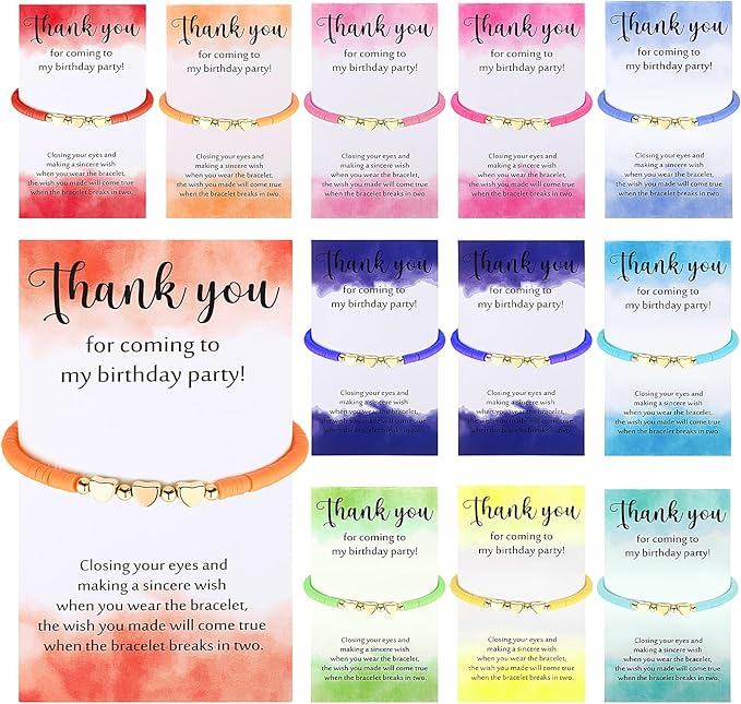 Birthday Party Favor Bracelets Beaded Rainbow Clay Bracelet with Thank You Card Gift for Birthday Party Supplies Bags Suffer with Different Themes(12 Sets,Heart)