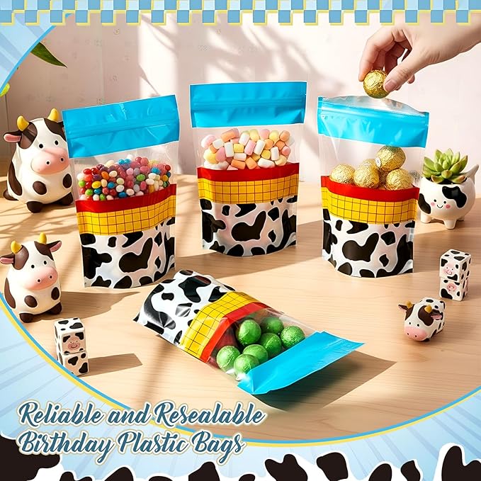 Fuutreo 50 Pcs Cartoon Story Bags Plastic Blue Sky Sealed Pouches Resealable Cow Pattern Pouches Party Favor Bags for Home Candy Small Gift Party Wrapping Supplies Decoration