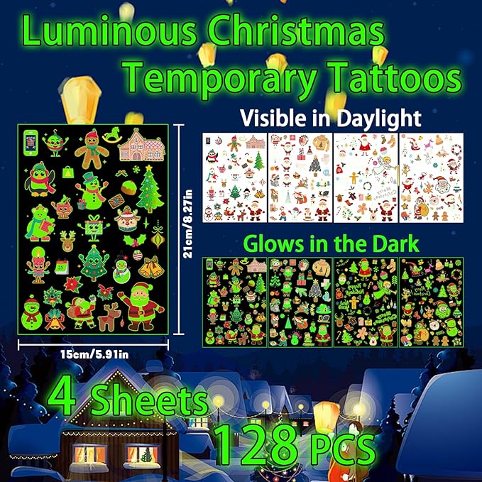 Christmas Party Favors for Kids - 128PCS Luminous Christmas Tattoos Glow in the Dark Goodie Bag Stocking Stuffers, Xmas Temporary Tattoos Party Supplies Decorations for Kids | 4 Sheets (6 x 8.2 inch)