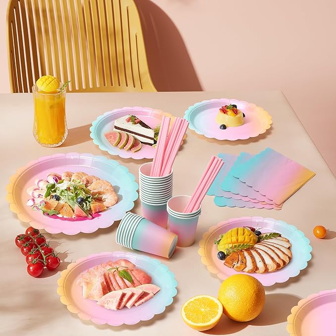168PCS Party Plates, Scalloped Gingham Paper Plates and Cups and Napkins Sets Party Supplies for Birthday Wedding Bridal Shower Baby Shower Picnic, Serve for 24 Guests (Iridescent Scalloped)