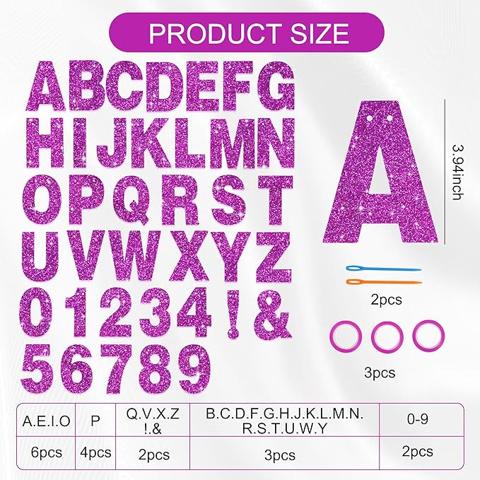 BEISHIDA 116 PCS A-Z DIY Letter Banner Kit Make Your Own Banner Glitter Purple Including 111 Letters and Numbers 3 Rope and 2 Threading Device,Customized for Birthday Graduation Wedding Party Decor