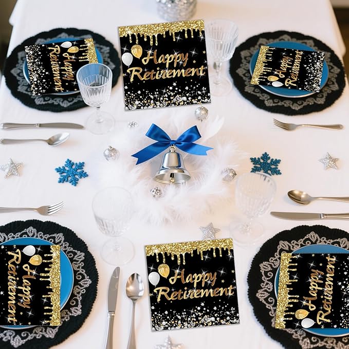 50PCS Retirement Party Napkins, Happy Retirement Decorations Cocktail Napkins Black and Gold Teacher Retirement Party Supplies