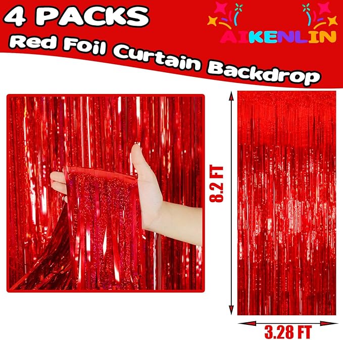 4 Pack 3.2Ft x 8.2Ft Red Foil Fringe Curtain Backdrop, Metallic Tinsel Foil Fringe Streamers Curtains Background for Photo Booth, Birthday, Wedding, Disco, Bachelorette, Christmas Party Decoration