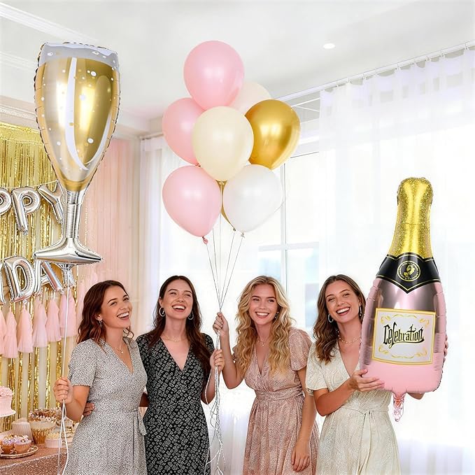 Champagne Bottle Glass Balloons 4pcs, Large Champagne Wine Foil Mylar Balloons for Women Girls Birthday Bachelorette Bridal Shower Wedding Anniversary Engagement Celebration Party Decorations Supplies